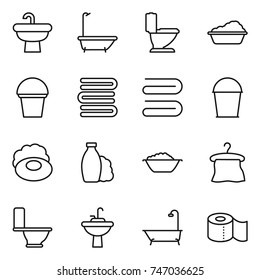 thin line icon set : sink, bath, toilet, washing, bucket, towels, towel, soap, shampoo, foam basin, hanger, water tap, paper
