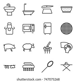 thin line icon set : sink, bath, cutting board, colander, apron, microwave oven, fridge, sieve, pig, sheep, vacuum cleaner, wiping, drying clothe, brush, duster, iron