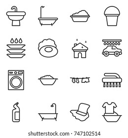 thin line icon set : sink, bath, washing, bucket, plate, soap, house cleaning, car wash, machine, foam basin, drying clothe, brush, toilet cleanser, floor, handle