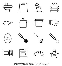 thin line icon set : sink, cutting board, stands for knives, plate washing, pan, measuring cup, cook glove, egg timer, whisk, big spoon, microwave oven, bread, apron