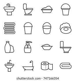 thin line icon set : sink, toilet, washing, bucket, towels, soap, shampoo, liquid, foam basin, water tap, bath, paper, towel