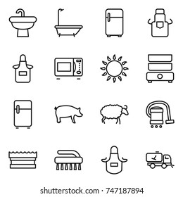 thin line icon set : sink, bath, fridge, apron, microwave oven, gas, double boiler, pig, sheep, vacuum cleaner, sponge, brush, home call cleaning