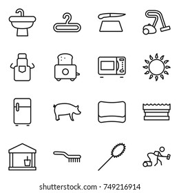 thin line icon set : sink, hanger, cutting board, vacuum cleaner, apron, toaster, microwave oven, gas, fridge, pig, sponge, utility room, brush, duster