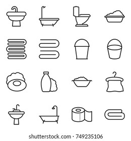 thin line icon set : sink, bath, toilet, washing, towels, towel, bucket, soap, shampoo, foam basin, hanger, water tap, paper
