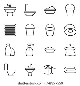 thin line icon set : sink, bath, washing, bucket, towels, soap, shampoo, liquid, foam basin, hanger, toilet, water tap, paper, towel