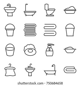 thin line icon set : sink, bath, toilet, washing, bucket, towels, towel, soap, liquid, foam basin, hanger, water tap