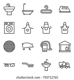 thin line icon set : sink, bath, hanger, iron, washing machine, apron, sieve, pig, vacuum cleaner, utility room, drying clothe, brush, water tap, home call cleaning