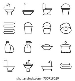 thin line icon set : sink, bath, toilet, bucket, towel, soap, shampoo, liquid, foam basin, hanger, water tap