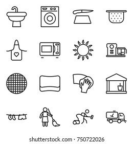 thin line icon set : sink, washing machine, cutting board, colander, apron, microwave oven, gas, food processor, sieve, sponge, wiping, utility room, drying clothe, brooming, vacuum cleaner