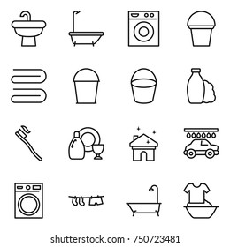 thin line icon set : sink, bath, washing machine, bucket, towel, shampoo, tooth brush, dish cleanser, house cleaning, car wash, drying clothe, handle