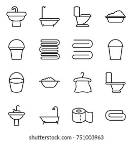 thin line icon set : sink, bath, toilet, washing, bucket, towels, towel, foam basin, hanger, water tap, paper