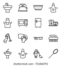 thin line icon set : sink, kettle, colander, apron, microwave oven, fridge, food processor, vacuum cleaner, wiping, drying clothe, brush, water tap, brooming, duster