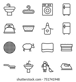 thin line icon set : sink, hanger, washing machine, fridge, kettle, colander, apron, sieve, sheep, sponge, brush, water tap, brooming, iron