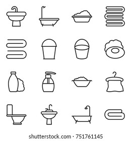 thin line icon set : sink, bath, washing, towels, towel, bucket, soap, shampoo, liquid, foam basin, hanger, toilet, water tap