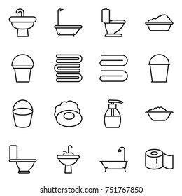 thin line icon set : sink, bath, toilet, washing, bucket, towels, towel, soap, liquid, foam basin, water tap, paper