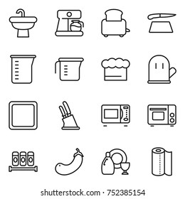 thin line icon set : sink, coffee maker, toaster, cutting board, measuring cup, chief hat, cook glove, knife holder, microwave oven, grill, spices, eggplant, dish cleanser, paper towel