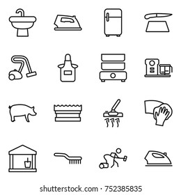 thin line icon set : sink, iron, fridge, cutting board, vacuum cleaner, apron, double boiler, food processor, pig, sponge, wiping, utility room, brush