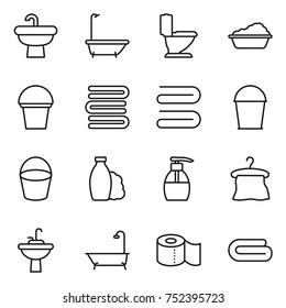 thin line icon set : sink, bath, toilet, washing, bucket, towels, towel, shampoo, liquid soap, hanger, water tap, paper