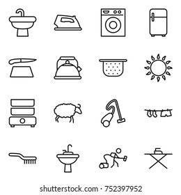 thin line icon set : sink, iron, washing machine, fridge, cutting board, kettle, colander, gas oven, double boiler, sheep, vacuum cleaner, drying clothe, brush, water tap