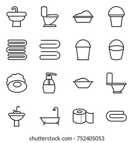 thin line icon set : sink, toilet, washing, bucket, towels, towel, soap, liquid, foam basin, water tap, bath, paper