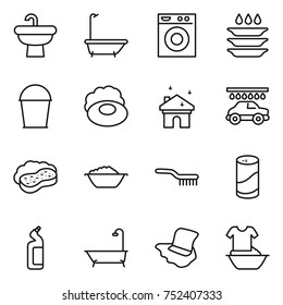 thin line icon set : sink, bath, washing machine, plate, bucket, soap, house cleaning, car wash, sponge with foam, basin, brush, cleanser powder, toilet, floor, handle