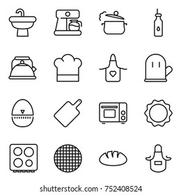 thin line icon set : sink, coffee maker, steam pan, vegetable oil, kettle, cook hat, apron, glove, egg timer, cutting board, grill oven, induction, hob, sieve, bread