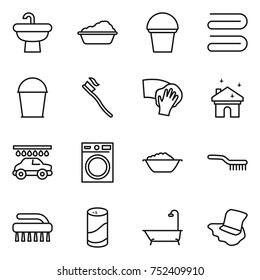 thin line icon set : sink, washing, bucket, towel, tooth brush, wiping, house cleaning, car wash, machine, foam basin, cleanser powder, bath, floor