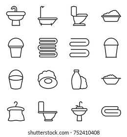thin line icon set : sink, bath, toilet, washing, bucket, towels, towel, soap, shampoo, foam basin, hanger, water tap