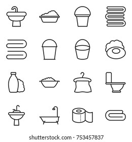 thin line icon set : sink, washing, bucket, towels, towel, soap, shampoo, foam basin, hanger, toilet, water tap, bath, paper
