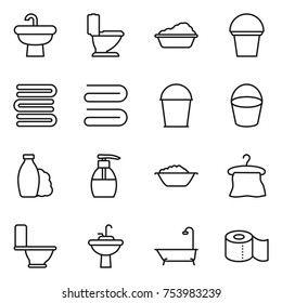 thin line icon set : sink, toilet, washing, bucket, towels, towel, shampoo, liquid soap, foam basin, hanger, water tap, bath, paper