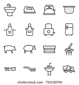 thin line icon set : sink, iron, kettle, colander, apron, toaster, fridge, pig, sheep, sponge, vacuum cleaner, drying clothe, brush, water tap, home call cleaning