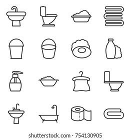 thin line icon set : sink, toilet, washing, towels, bucket, soap, shampoo, liquid, foam basin, hanger, water tap, bath, paper, towel