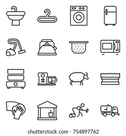 thin line icon set : sink, hanger, washing machine, fridge, vacuum cleaner, kettle, colander, microwave oven, double boiler, food processor, sheep, sponge, wiping, utility room, home call cleaning