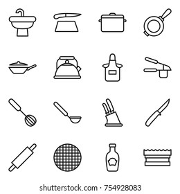 thin line icon set : sink, cutting board, pan, kettle, apron, garlic clasp, whisk, ladle, knife holder, rolling pin, sieve, ketchup, sponge