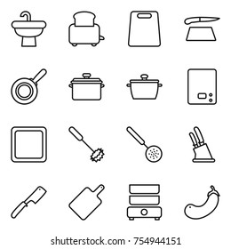 thin line icon set : sink, toaster, cutting board, pan, kitchen scales, whisk, skimmer, knife holder, chef, double boiler, eggplant