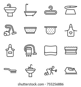 thin line icon set : sink, bath, hanger, cutting board, vacuum cleaner, colander, apron, sponge, brush, water tap, iron
