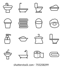 thin line icon set : sink, bath, toilet, washing, bucket, towels, soap, liquid, foam basin, hanger, water tap, paper, towel