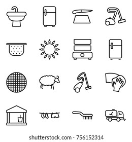 Thin line icon set : sink, fridge, cutting board, vacuum cleaner, colander, gas oven, double boiler, sieve, sheep, wiping, utility room, drying clothe, brush, home call cleaning