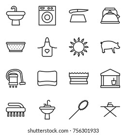 Thin line icon set : sink, washing machine, cutting board, kettle, colander, apron, gas oven, pig, vacuum cleaner, sponge, utility room, brush, water tap, duster, iron