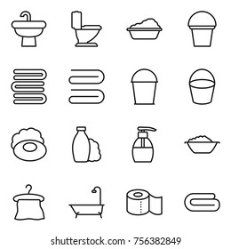 Thin line icon set : sink, toilet, washing, bucket, towels, towel, soap, shampoo, liquid, foam basin, hanger, bath, paper