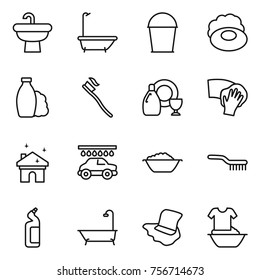 thin line icon set : sink, bath, bucket, soap, shampoo, tooth brush, dish cleanser, wiping, house cleaning, car wash, foam basin, toilet, floor washing, handle