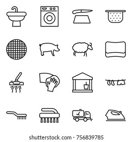 Thin line icon set : sink, washing machine, cutting board, colander, sieve, pig, sheep, sponge, vacuum cleaner, wiping, utility room, drying clothe, brush, home call cleaning, iron