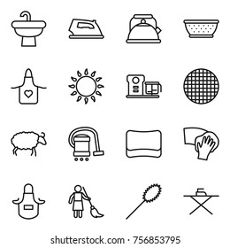 Thin line icon set : sink, iron, kettle, colander, apron, gas oven, food processor, sieve, sheep, vacuum cleaner, sponge, wiping, brooming, duster, board