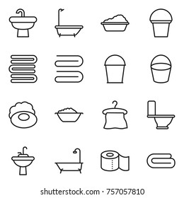 Thin line icon set : sink, bath, washing, bucket, towels, towel, soap, foam basin, hanger, toilet, water tap, paper