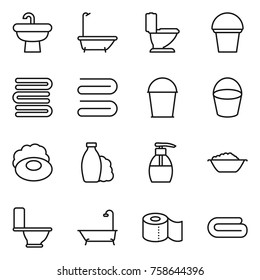 Thin line icon set : sink, bath, toilet, bucket, towels, towel, soap, shampoo, liquid, foam basin, paper