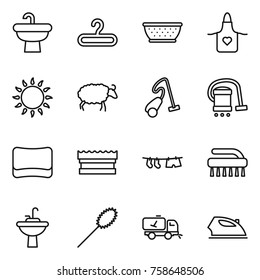 Thin line icon set : sink, hanger, colander, apron, gas oven, sheep, vacuum cleaner, sponge, drying clothe, brush, water tap, duster, home call cleaning, iron