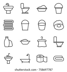 Thin line icon set : sink, toilet, washing, bucket, towels, soap, shampoo, foam basin, hanger, water tap, bath, paper, towel