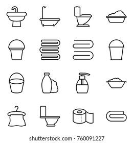 Thin line icon set : sink, bath, toilet, washing, bucket, towels, towel, shampoo, liquid soap, foam basin, hanger, paper