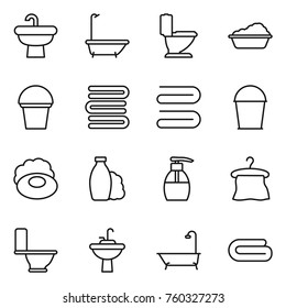 Thin line icon set : sink, bath, toilet, washing, bucket, towels, towel, soap, shampoo, liquid, hanger, water tap