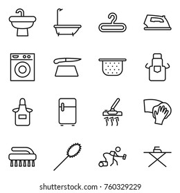 Thin line icon set : sink, bath, hanger, iron, washing machine, cutting board, colander, apron, fridge, vacuum cleaner, wiping, brush, duster